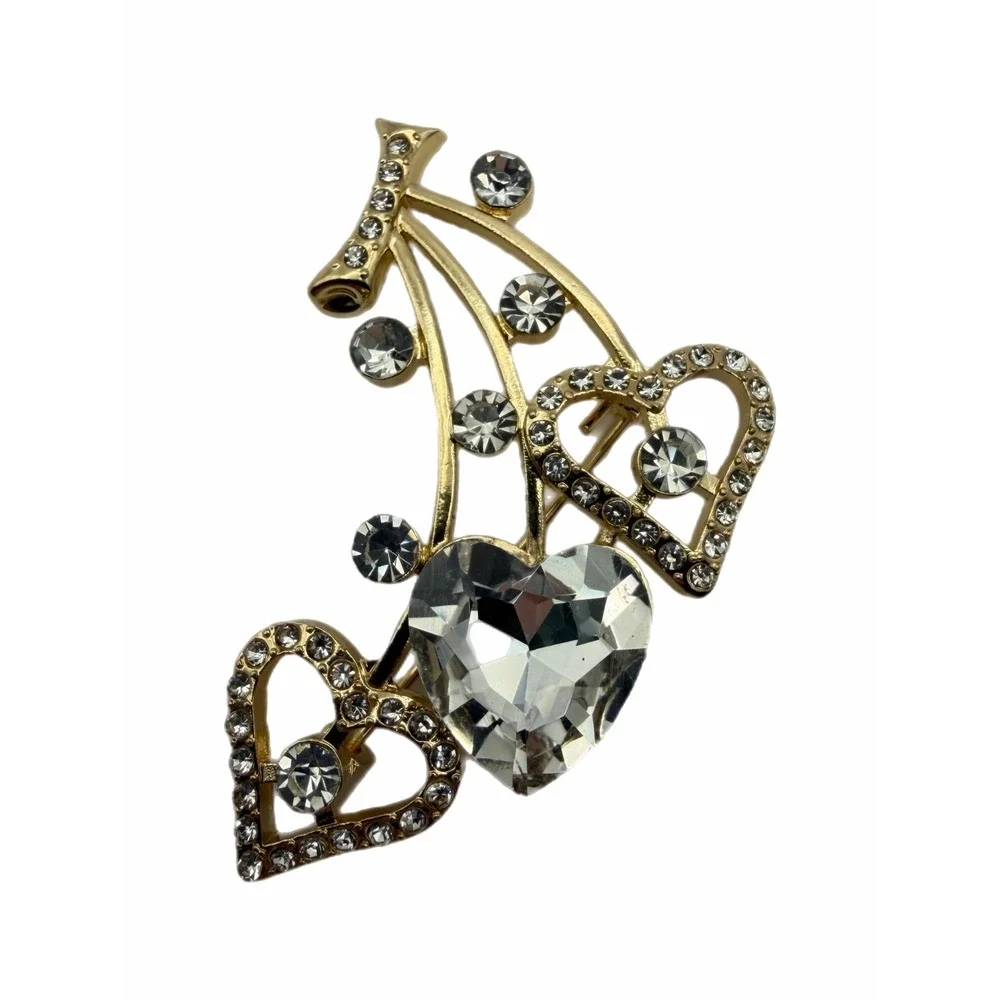 Gold Tone Heart Cherry Rhinestone Brooch Pin Clear Crystal Romantic Statement